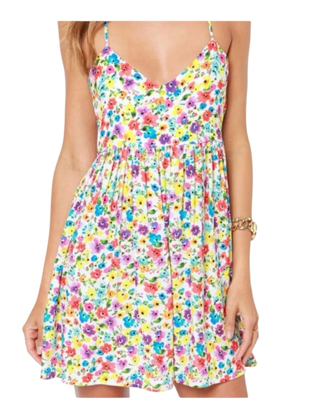 MINKPINK Floral Print Spaghetti Strap Dress in White with Multicolor Flowers
